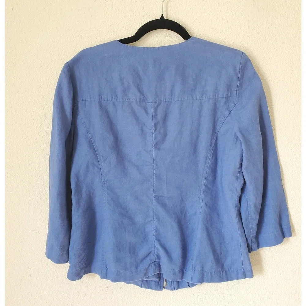 Chico's 1 Blue 100% Linen Jacket Collarless Zip Front‎ 3/4 Sleeve Medium
